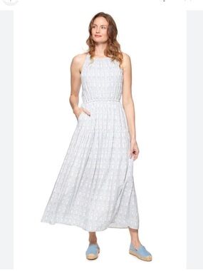 Threadgrit Lynette Blue & White High Neck Southwestern Print Maxi Dress Large